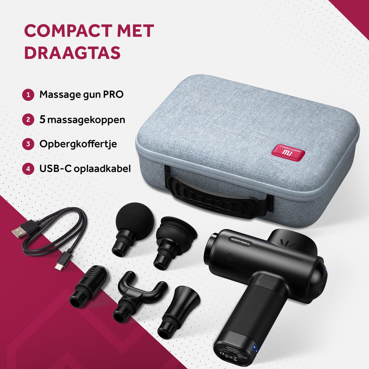 Northwall PRO - Massage Gun - Professioneel - Massage Apparaat - Massage Pistool Inclusief Koffer & Charging Dock - 5 Opzetstukken thumbnail 6