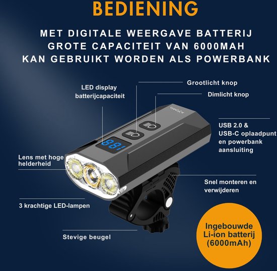 AXIMO Fietslamp 1200 Lumen - Fietsverlichting USB oplaadbaar LED - Aluminium Koplamp - Roteerbaar voorlicht - Waterbestendig(IP65) - 13 keuzestanden — afbeelding 3