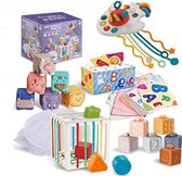Educatief Baby Speelgoed 6 Maanden - speelgoed 1 jaar - XXL box - 6-in-1 box - Montessori Educatief Speelgoed - 33 psc - Zachte Blokken - Vormen Sorteer Kubus - Trekkoord Speeltje - Educatieve Doekjes - Tissue box - inclusief Opbergtas