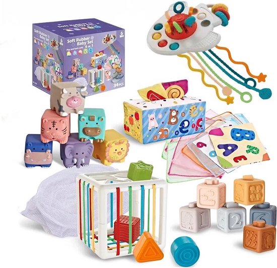 Foto: Baby speelgoed 6 12 maanden sensorisch pluche speelgoed met stal en 6 dierenvriendjes montessori speelgoed met boerderijdieren baby cadeau met knuffels educatief speelgoed kinderspeelgoed 1 3 jaar