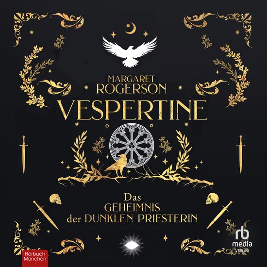 Zwarte boekomslag Vespertine met gouden illustraties van zwaarden, schedels, een vogel en een rozetraam.