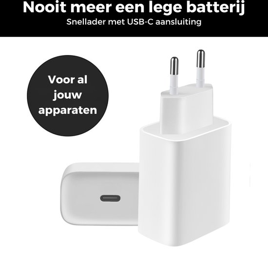 Witte WiseQ USB-C oplader en kabel met de tekst "Nooit meer een lege batterij" en "Voor al jouw apparaten".