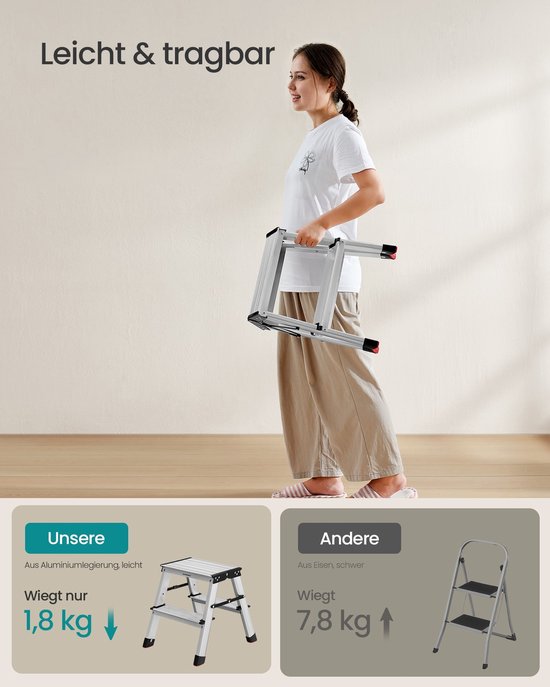 Rootz Échelle à 2 marches - escabeau en alliage d'aluminium - escabeau pliant - marches antidérapantes - 45 cm x 35,5 cm x 38 cm