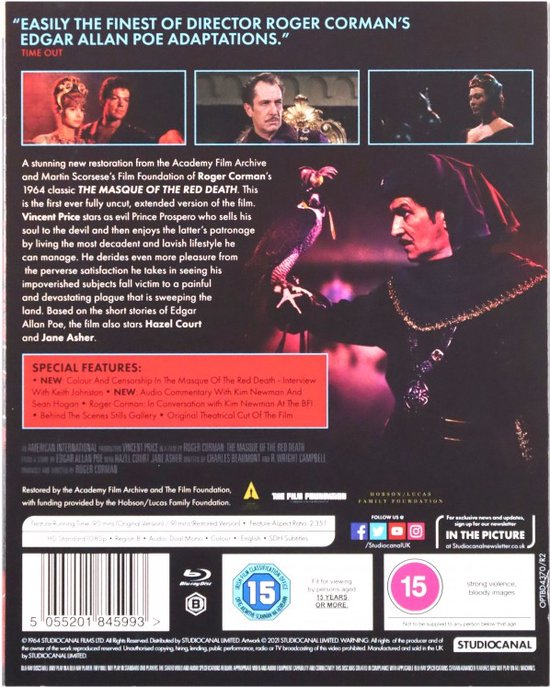 Achterkant Blu-ray van The Masque of the Red Death met beschrijving, filmlogo's en prijzen.