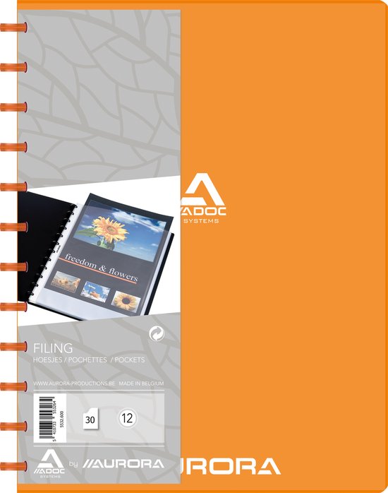 Oranje map met "freedom & flowers" showmap-inzet en "Adoc Systems" logo.