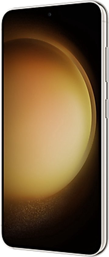 Linker zijaanzicht van de crème Samsung Galaxy S23 met een helder scherm.