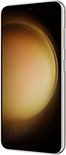 Linker zijaanzicht van de crème Samsung Galaxy S23 met een helder scherm.