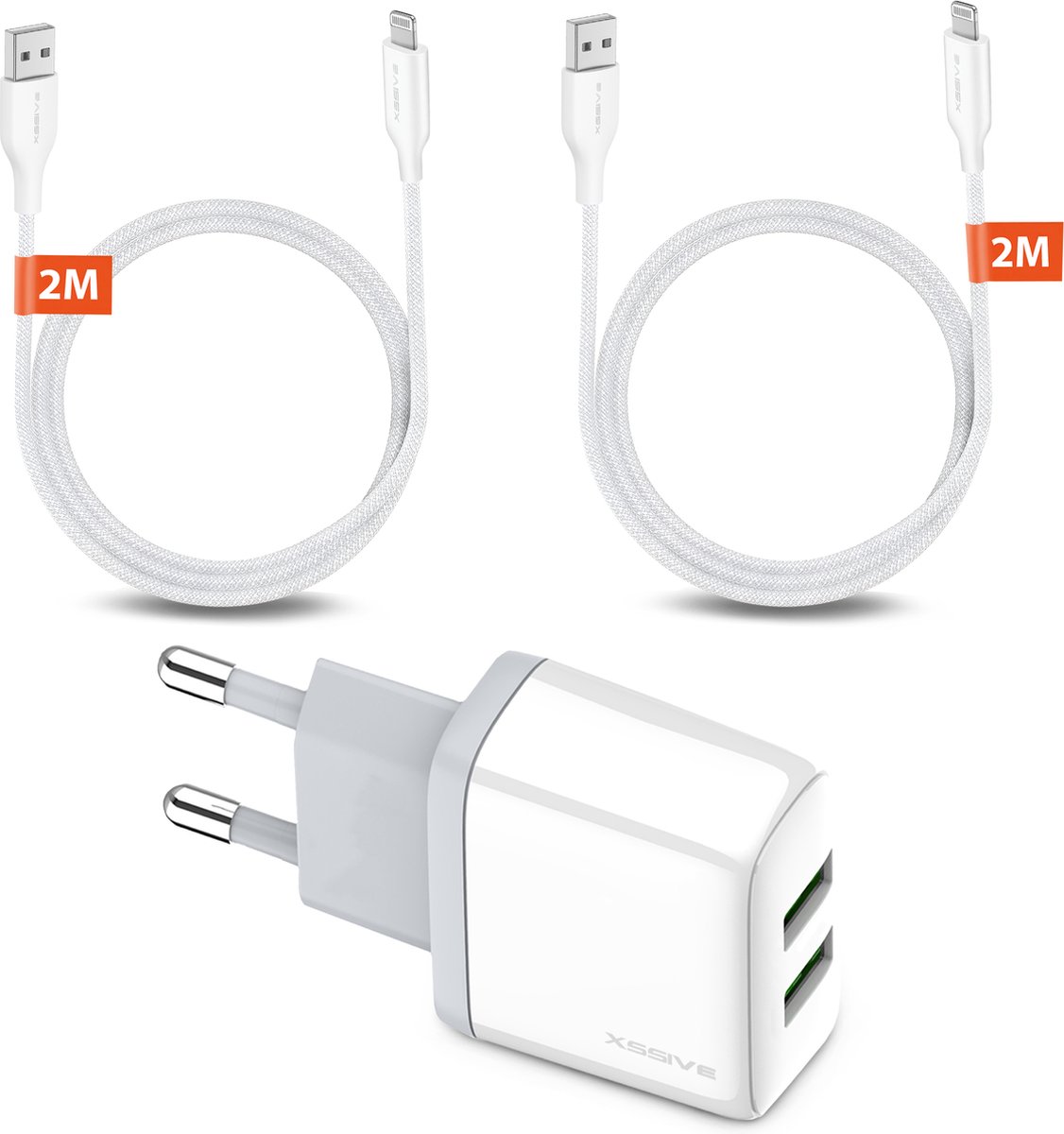 USB Lader 2 Poorten met 2x geschikt voor iPhone Oplader Kabels - 2 Meter
