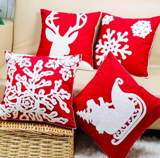 Kerst kussenhoes - kerst kussen - set van 4 - rood met witte kerstkussens |  bol.com