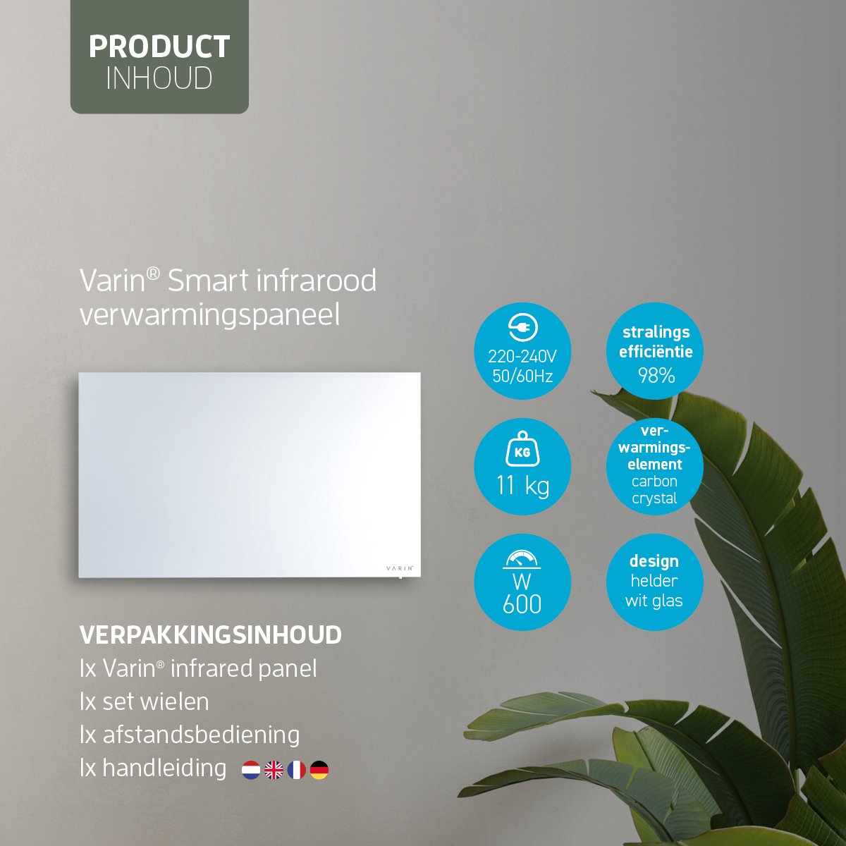 Varin® Smart Design Infrarood verwarmingspaneel - 600W - 100x60cm - Helder wit glas - IP24 - Met thermostaat - Wandmontage of verrijdbaar - Elektrische verwarming - Infrarood paneel verplaatsbaar - Kachel - Heater bureau - Terrasverwarmer - Tuya Wifi – foto 3