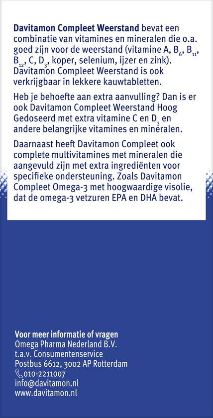 Informatie over Davitamon Compleet Weerstand. Bevat vitamines en mineralen. Ook verkrijgbaar als kauwtablet. Informatie over Omega-3.