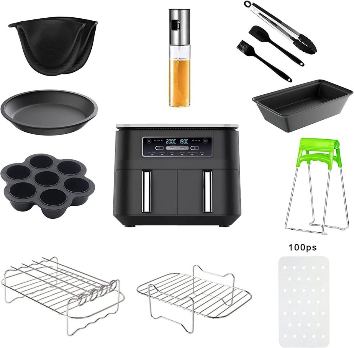 ApexArte® Airfryer Accessoires - Bakpapier - Siliconen Bakje - Mand - Oven Rek