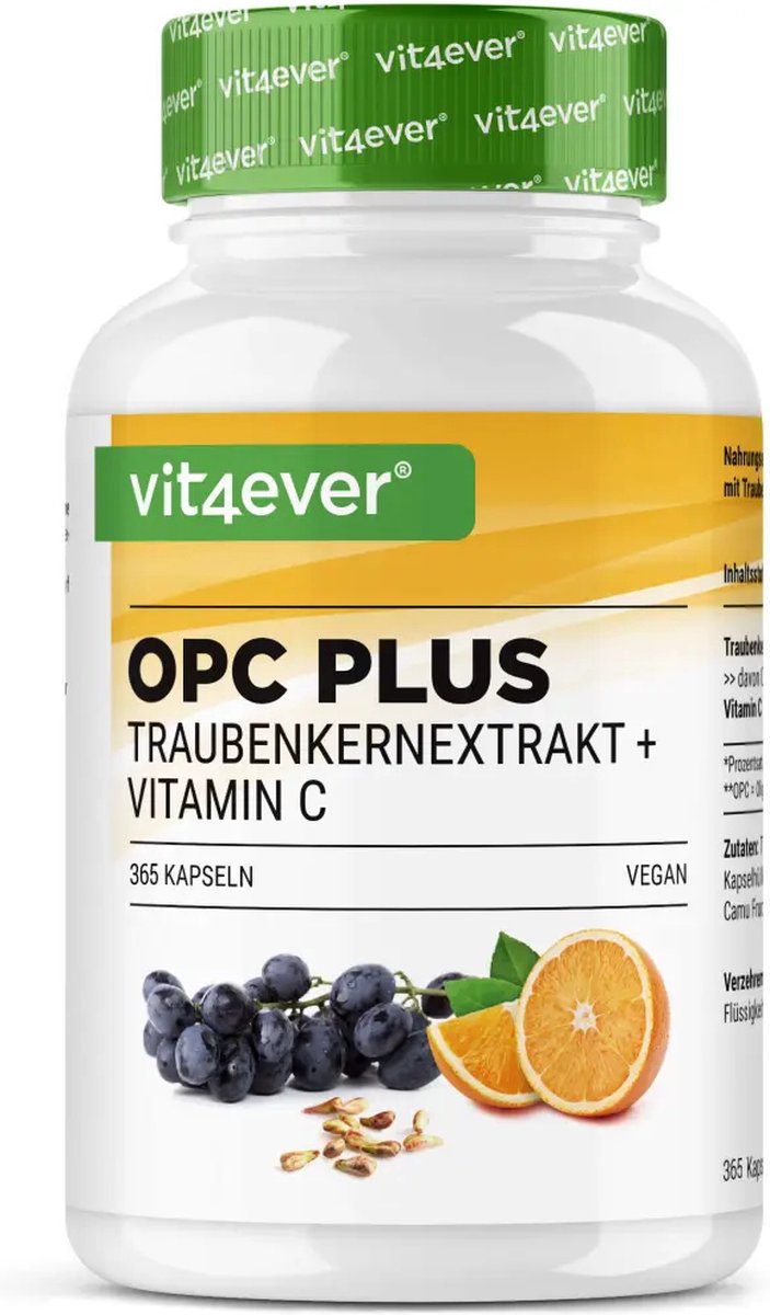 Goedkoopste OPC druivenpitextract natuurlijke vitamine C - 365 capsules - voor 12 maanden - Hoogste OPC-gehalte volgens HPLC - OPC van Europese druiven - Veganistisch - Vit4ever