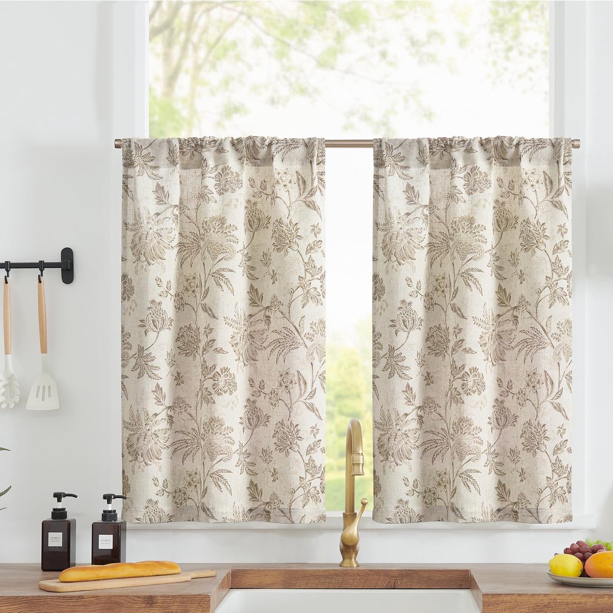 Goodivery ® Charmante Linnen Bloemenkeukengordijnen voor een Landelijke Stijl in Huis, Set van Twee, Bruin op Beige