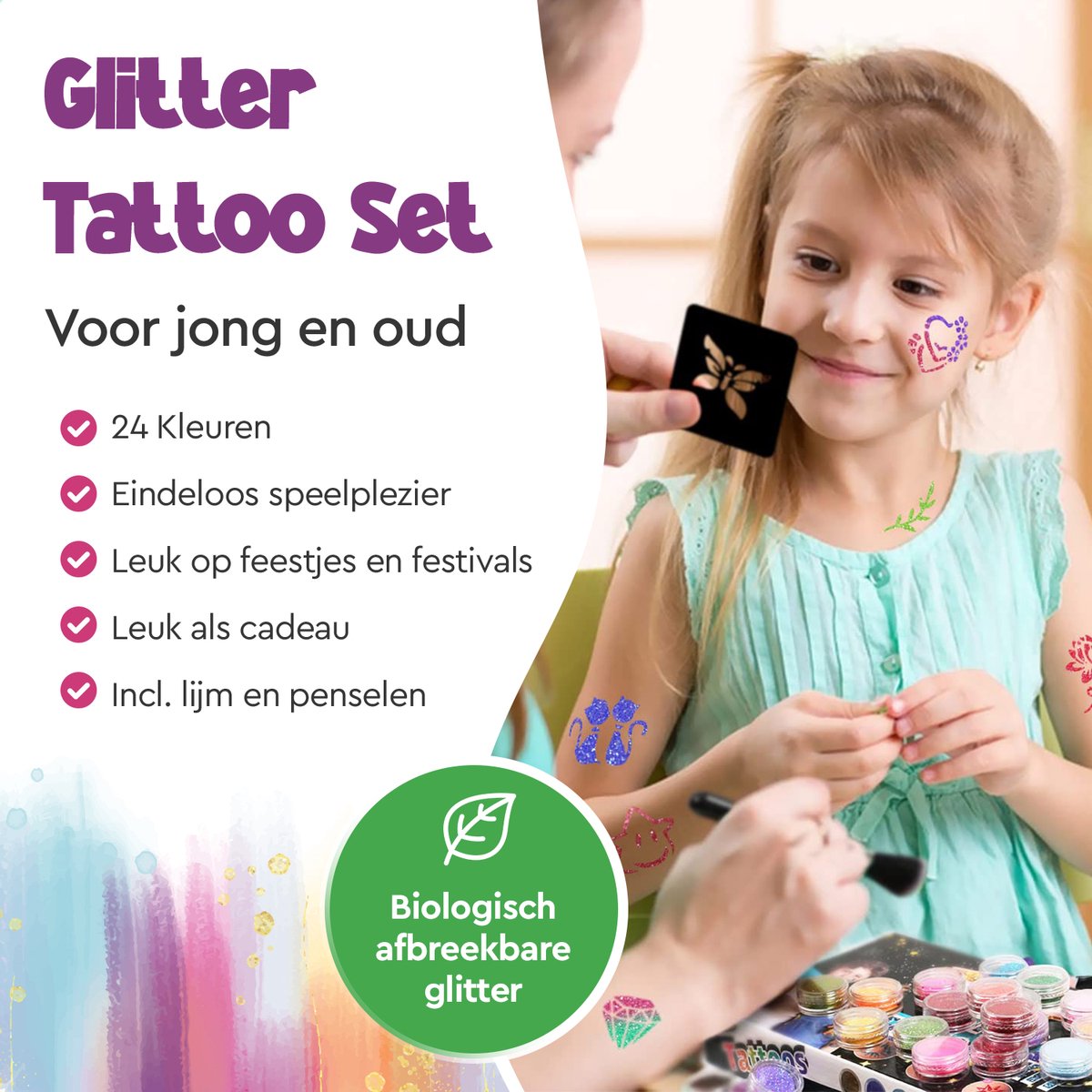 Partizzle Compleet Bio Glitter Tattoo Set - Meisjes / Jongens - Schmink Sjablonen, Lijm en Penselen - Gezicht Nep Neon Tattoos Knutselpakket - Festival - Kerst Cadeau / Knutselen voor Kinderen - 24 Kleuren / Biodegradable — afbeelding 7
