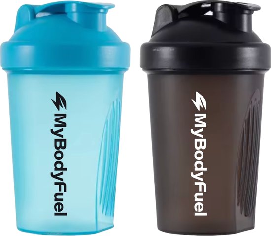 MyBodyFuel - Shakebeker - 400 ml - met mixfilter - Blauw en Zwart - Set van 2 - Proteïne Shaker - BPA-vrij
