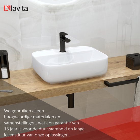 LAVITA® Lavabo à poser KARAWELA Lavabo rectangulaire en céramique pour salle de bain et WC invités - 500x400x145 mm - Wit brillant - Lavabo à bord fin - Lavabo en céramique à poser avec trou pour robinetterie et sans trop-plein
