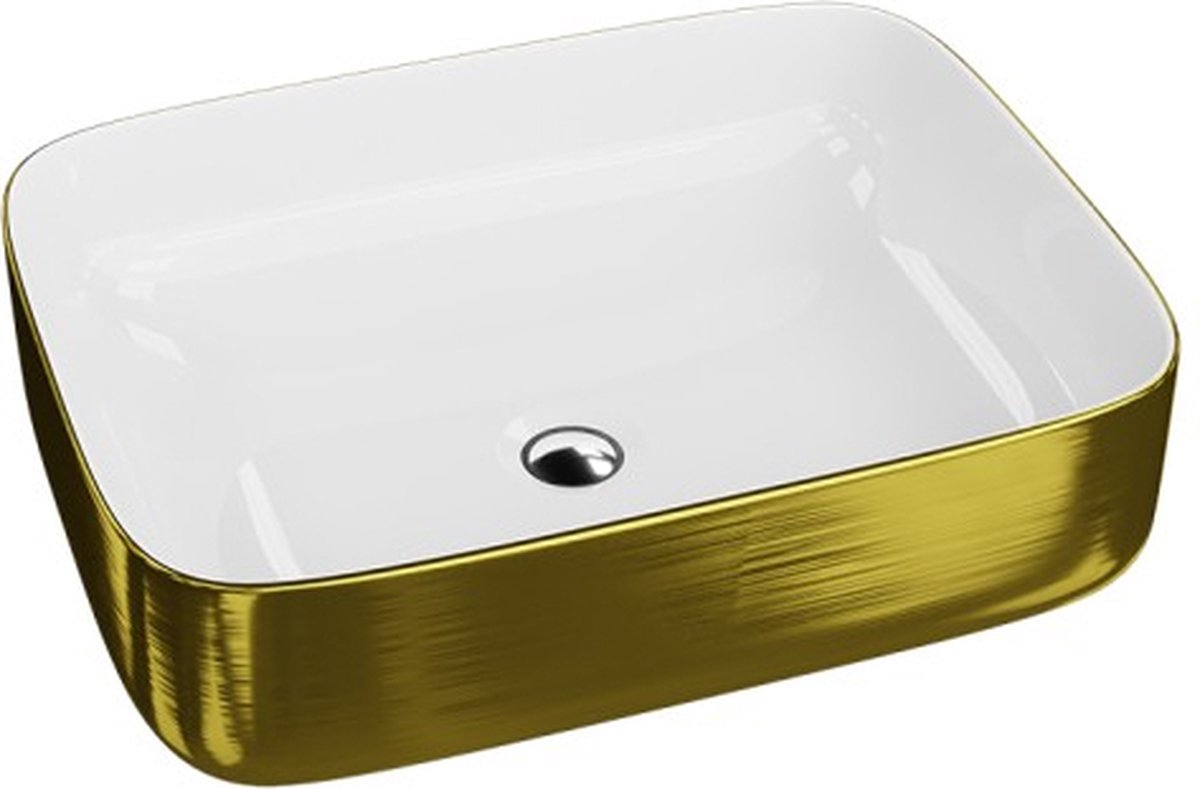 LAVITA® Opzetwastafel GALERA Rechthoekig Keramische Wastafel voor Badkamer en Gastentoilet - 505x400x140 mm - Geborsteld Goud - Wasbak met dunne rand - Keramik Waskom opbouw zonder kraangat en zonder overloop