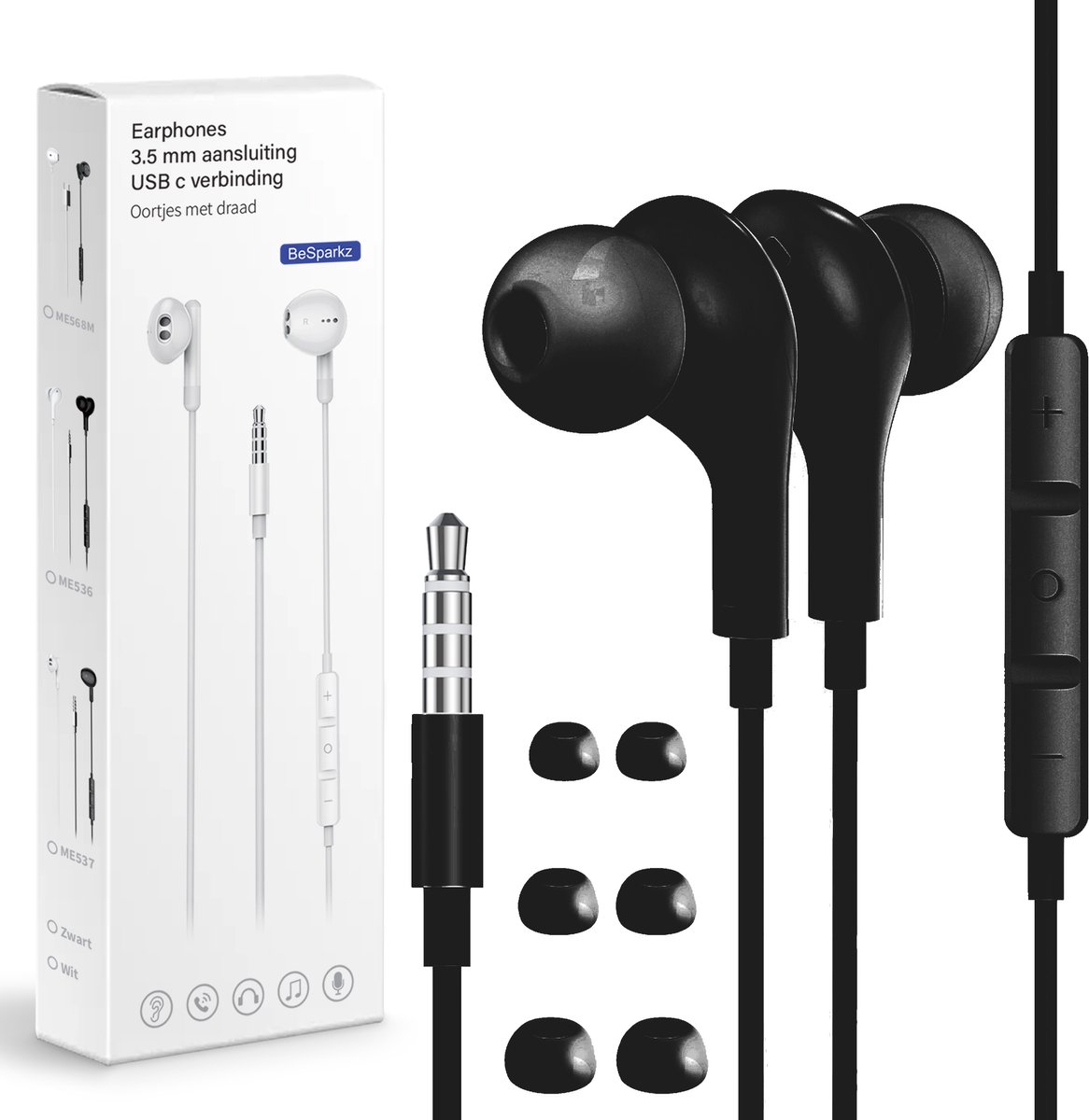 BeSparkz Oortjes met Draad - 3.5mm Jack Aansluiting - In-Ear Oordopjes met Draad - Oortjes met Draad en Microfoon - Zwart
