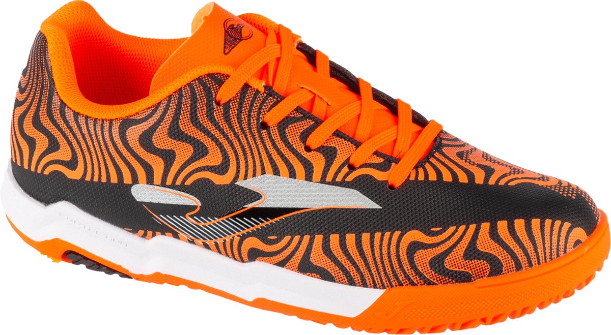 Zwarte Joma Evolution Jr 2501 IN indoorschoenen voor jongens, maat 31, synthetisch leder, met opvallend oranje patroon.