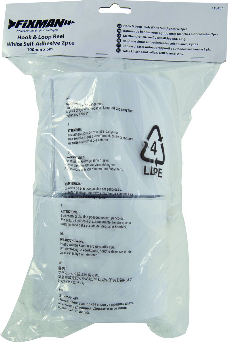 FIXMAN Witte Klittenband Rollen, Zelfklevend, 2 Stuks 100 Mm X 5 M