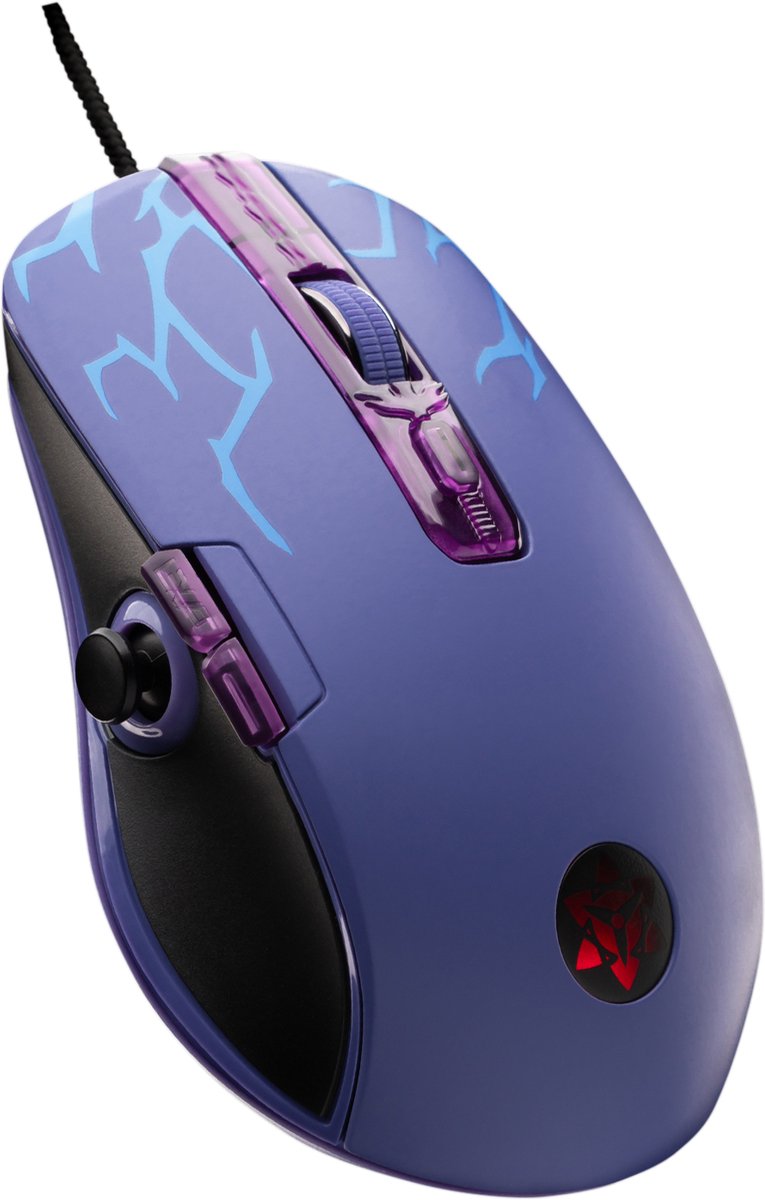 LEXIP Sasuke "Revenge" USB Gaming Muis - Exclusief Naruto Shippuden anime design - USB Kabel - Geschikt voor PC - Optische PAW3327 Sensor 12000 DPI - Gepatenteerde keramische muisvoeten en duimjoystick - zwart, paars