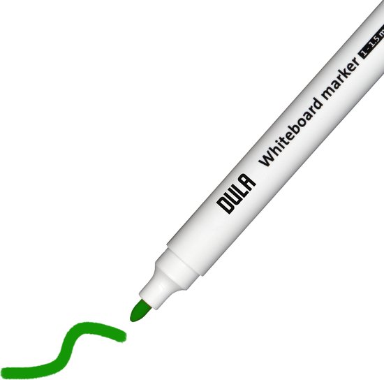 Een groene DULA whiteboardstift, 1-1.5 mm, ronde punt, tekent een groene lijn.