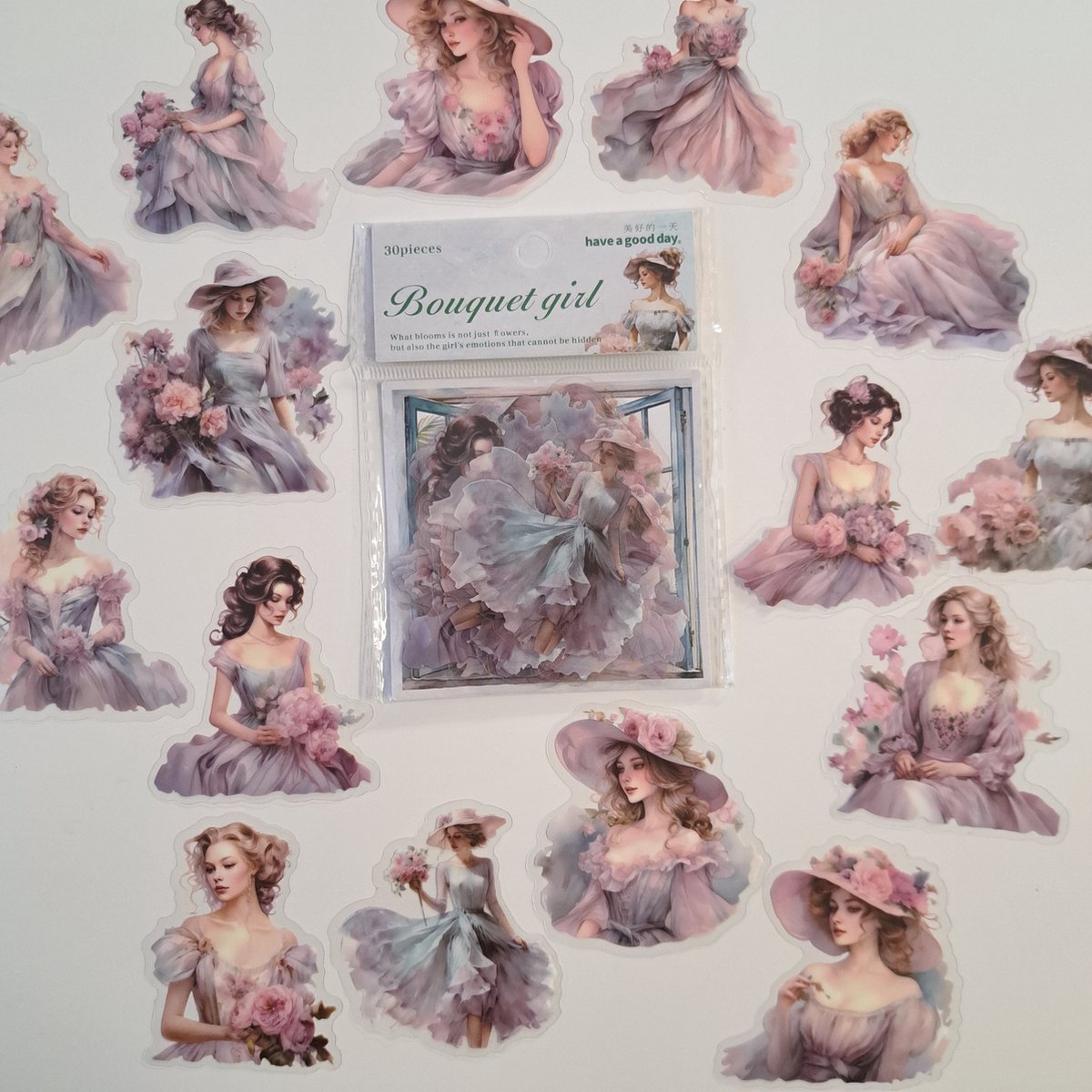 Bouquet girl stickers - transparante stickers - 30 stuks - Scrapbook - Bullet journal stickers - Groen - Bloemen - laptop stickers - Stickers volwassenen en kinderen
