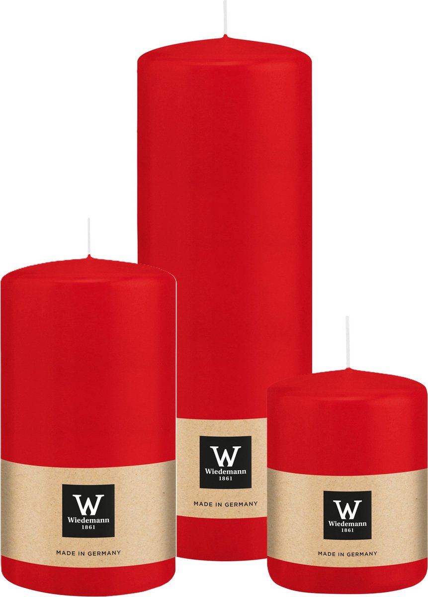 Wiedemann Cilinderkaarsen/stompkaarsen - set van 3 - rood - 6x8/7x13/7x20 cm