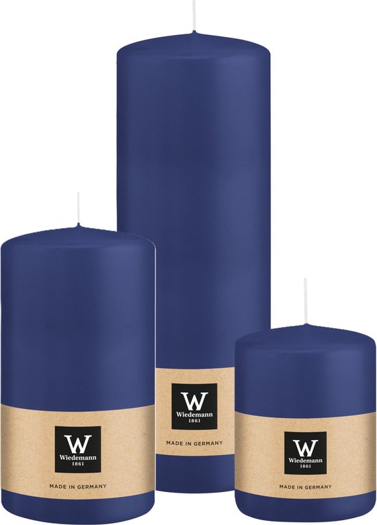 Wiedemann Bougies cylindriques/bougies pilier - lot de 3 - bleu foncé - 6x8/7x13/7x20 cm