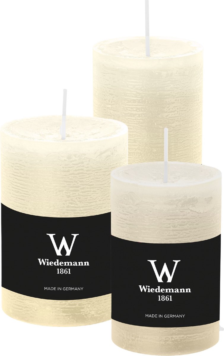 Wiedemann Cilinderkaarsen/stompkaarsen - set van 3 - rustieke kaars - ivoorwit - 6x9/6x12/7x10 cm