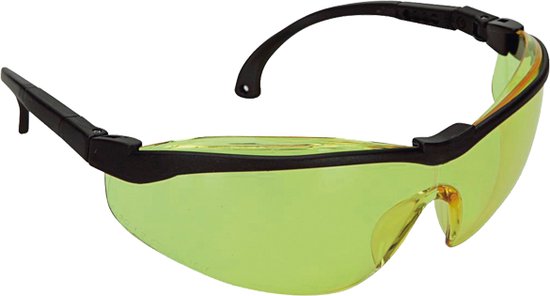Gele veiligheidsbril met zwarte accenten en pootjes.