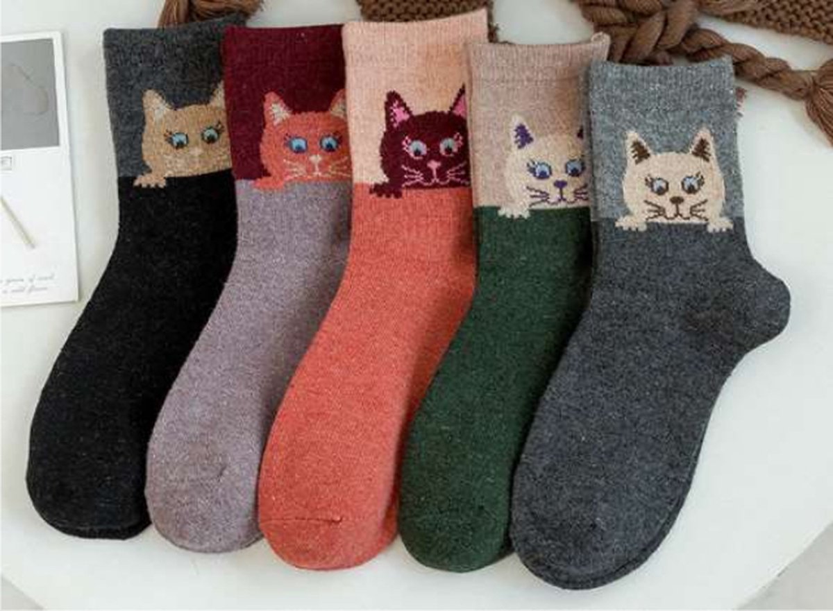 Wol Dames Sokken - 2 paar - giftbox - Huissokken - Wandelsokken - grijs - groen - paars - random - mix - leuke print kat - 36 - 40 - warm - cadeau voor haar - gift