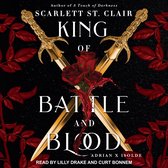 Boekomslag met gouden gekruiste zwaarden, rode rozen en rode bladeren. Titel: King of Battle and Blood.