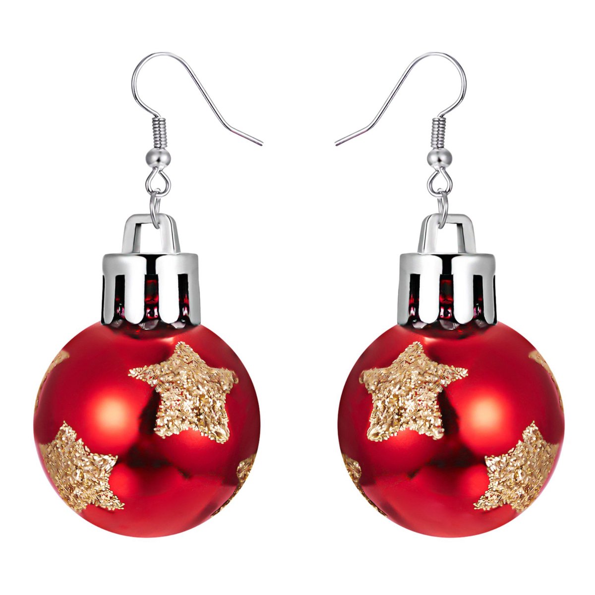 Marama - kerst - oorbellen Kerstbal Rood - dames - oorhangers - lichtgewicht - met glitter sterren - feest - kerstballen