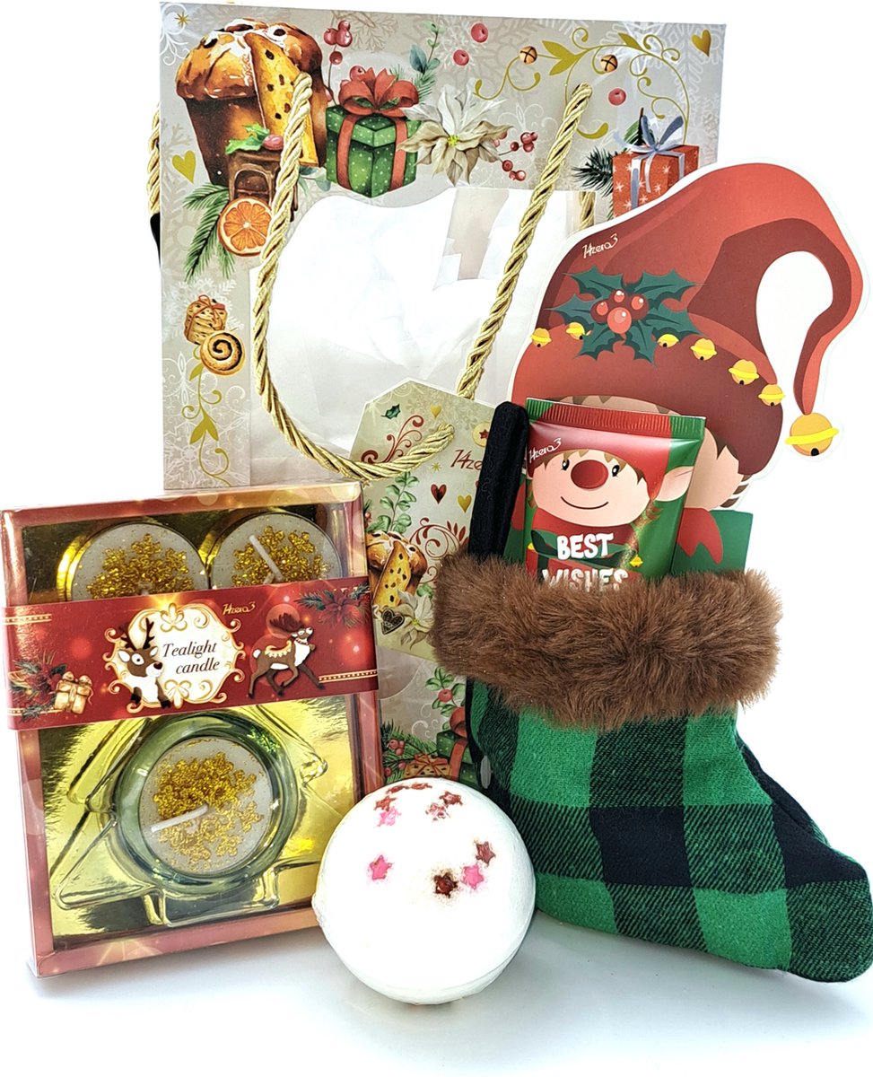 Goedkoopste Cadeau set voor vrouw, vriendin, moeder, collega -Cadeaupakket Kerst- Kerstcadeau -Bruisballen-Voetcrème Suikerpruim -Theelichtje geschenkdoos