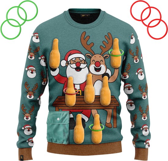 JAP Christmas Interactieve Kersttrui (maat L) - 100% Gerecycled - Kriebelt niet - Kerstcadeau volwassenen - Foute Kersttrui dames en heren - Ring werpen (Inclusief 6 ringen) - Groen