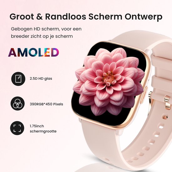Avalue Smartwatch Dames & Heren - AMOLED Screen - AI Feature - Stappenteller - Bloeddrukmeter - Geschikt voor alle Smartphones - Roségoud