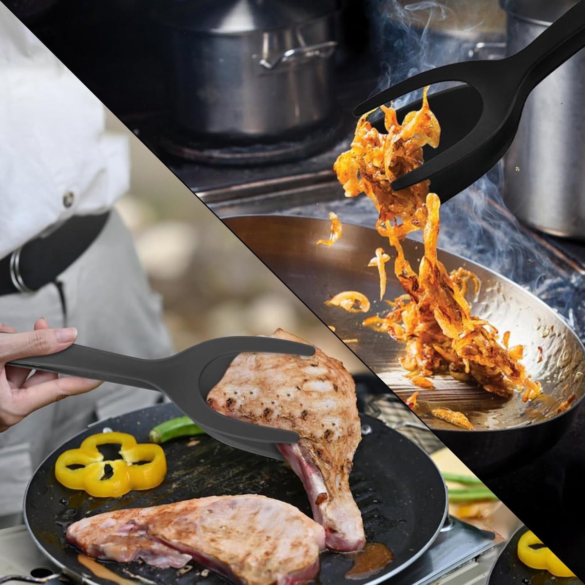 2 in 1 grip en flip spateltang eiertang pannenkoek vis wentelteefjes omelet maken for thuis keuken kookgereedschap zwart /777(Size:Black