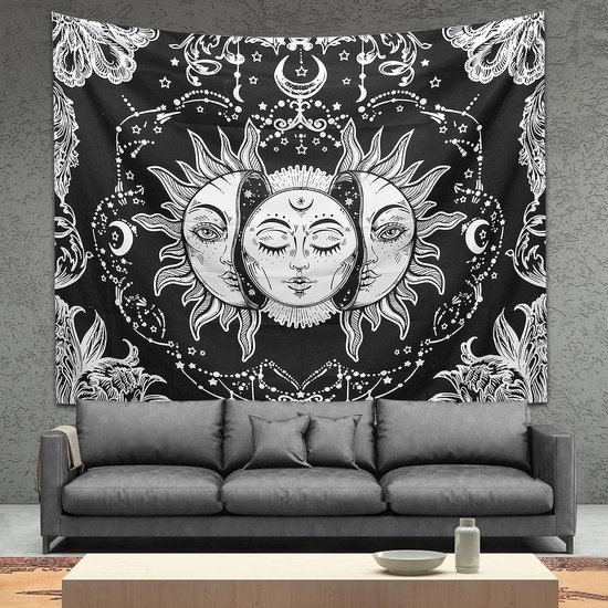 Grande tapisserie 200 x 150 cm, tapisserie mandala en tissu bohème hippie, couverture bohème soleil et lune, art mural pour décoration de la maison, chambre, dortoir, salon, plage (Mandala D)