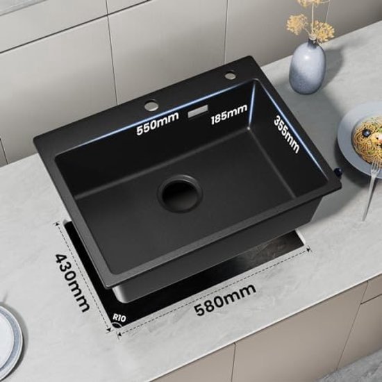Granieten keukenspoelbak 60 x 45 cm met zeefmand - Zwart | bol