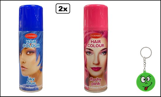 Twee spuitbussen haarkleur: een met een blauwe vrouwengezicht en 'sky blue', de ander met een roze vrouwengezicht en 'flashy pink'. Inclusief groene smiley sleutelhanger.