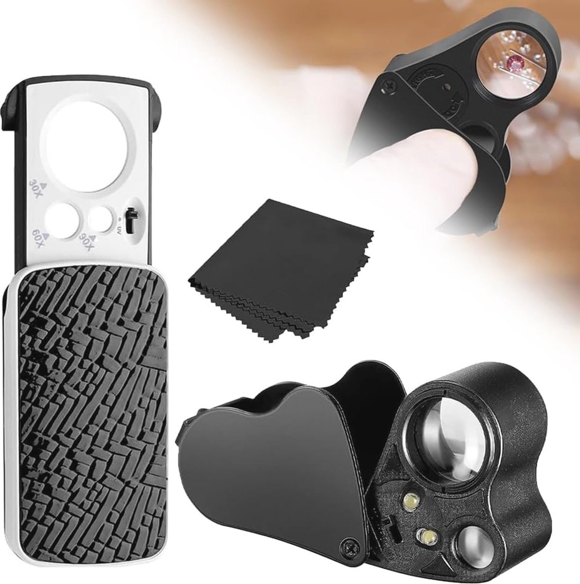 Juweliersvergrootglas 30x 60x 90x met LED Verlichting voor Sieraden, Edelstenen, Munten