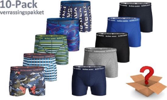 10-Pack Björn Borg boxershorts met verschillende patronen zoals camouflage, strepen, ruitjes en logo's in diverse kleuren.