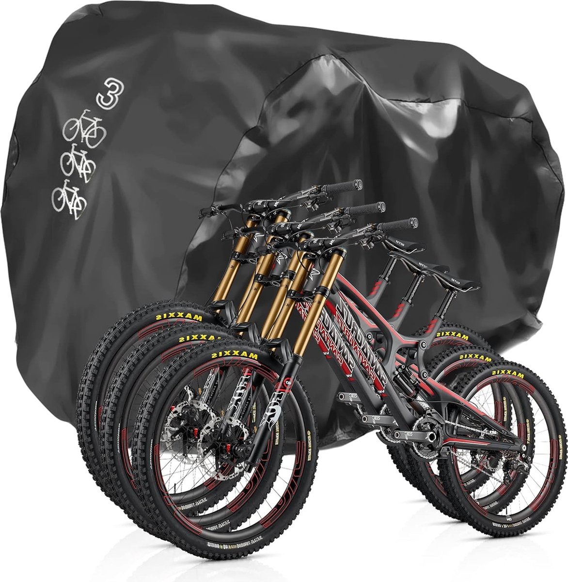 Fietshoes voor 3 Fietsen - 190T Zilver Coating - 1000 PA Waterdicht - Universeel Formaat 205x108x115 cm - Bescherming tegen Stof, Regen, UV-stralen - Duurzame Fietsbeschermhoes