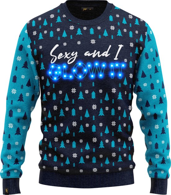 JAP Christmas Kersttrui met lichtjes (maat 2XL) - 100% Gerecycled - Kriebelt niet - Kerstcadeau volwassenen - Foute Kersttrui dames en heren - Sexy and I GLOW IT - Blauw