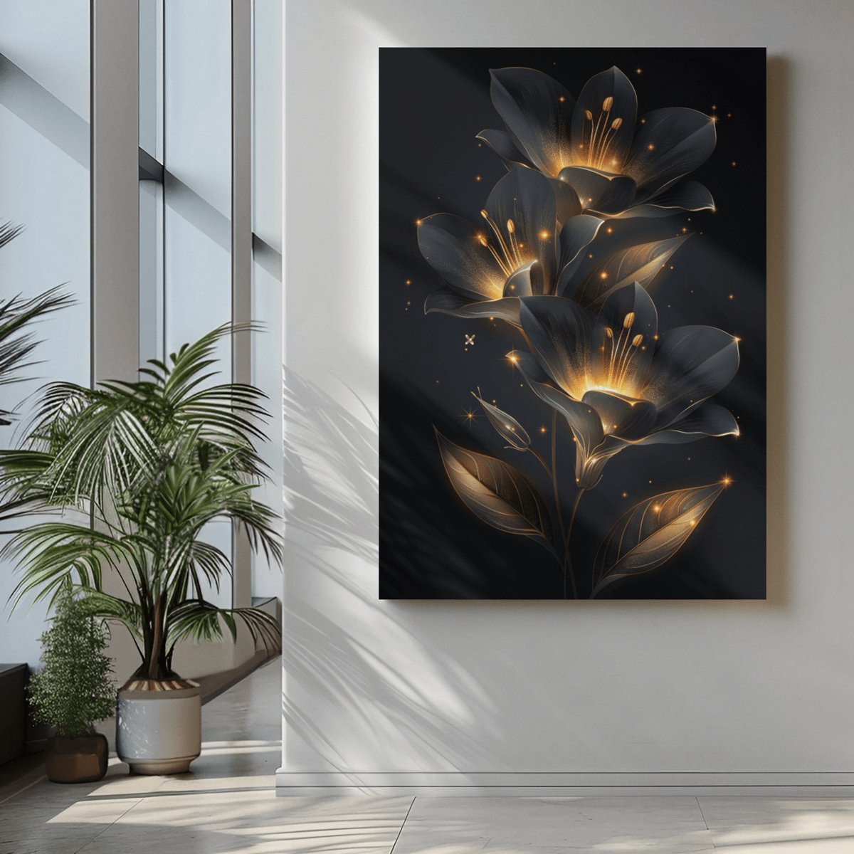 Trendex Global Canvas Schilderij - Gouden Bloemen - Wall Art - 150x100x2 cm Zwart