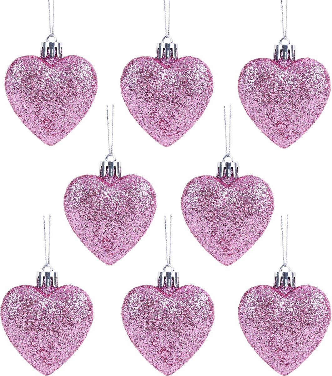 Pakket van 8 babyroze hartvormige kerstboomballen met glitterdecoratie.