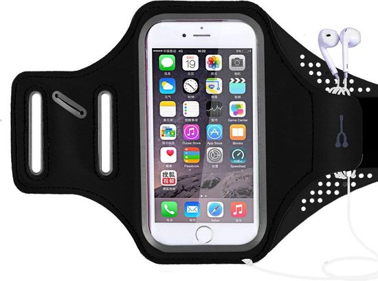 Zwarte sportarmband voor telefoon met rits en oortelefoongat, met een telefoon erop.