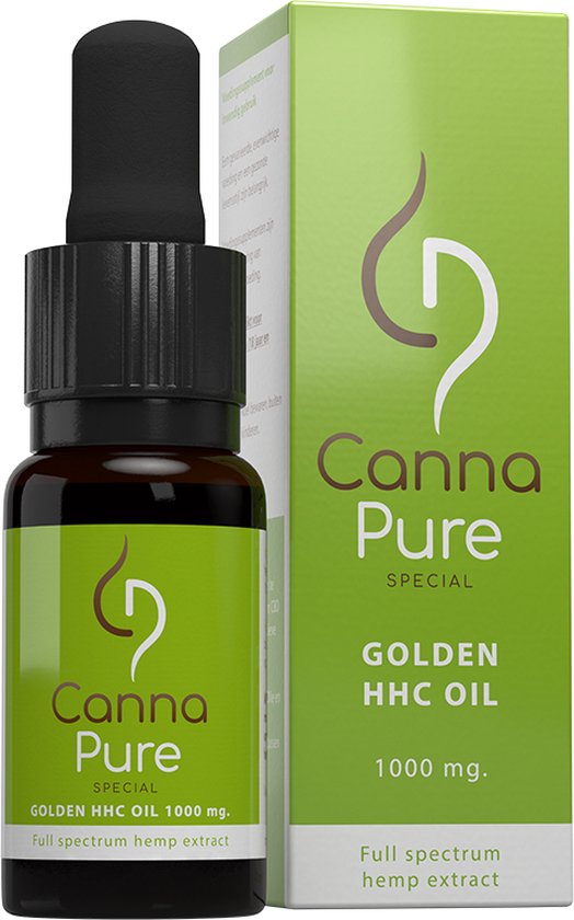 Flesje en doosje Canna Pure Special Golden HHC Oil 1000 mg, met groene opdruk en abstract logo.